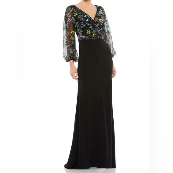 Mac Duggal | Bishop Sleeve V-neckline Wrap Over Torso Column Dress - Picture 1 of 5